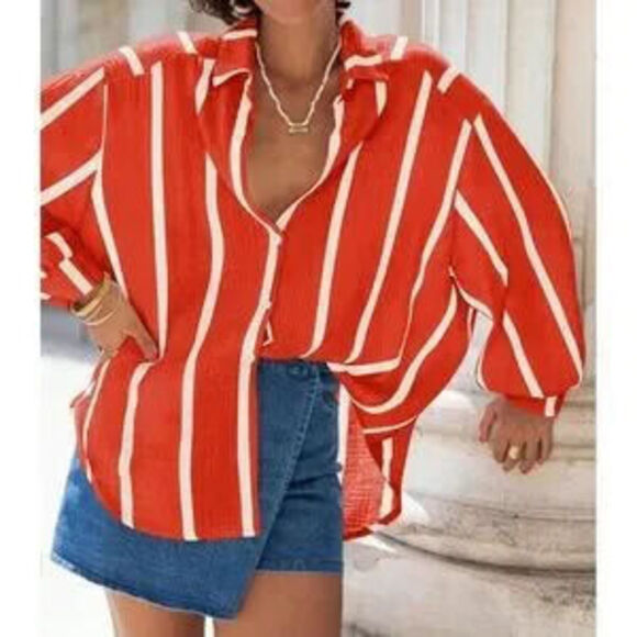 Tops - Red with White Stripes Oversized Button Down Shirt Long Sleeve